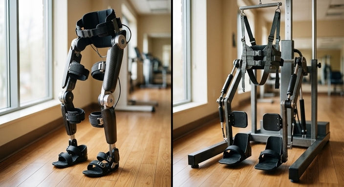 Comparison of a standalone lower-body exoskeleton and a rehabilitation robot attached to a support gantry.