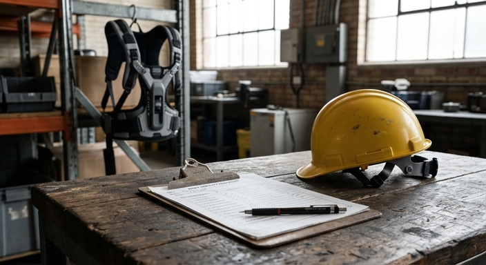 A yellow hard hat and a safety inspection clipboard on a desk with an industrial exosuit hanging in the background.