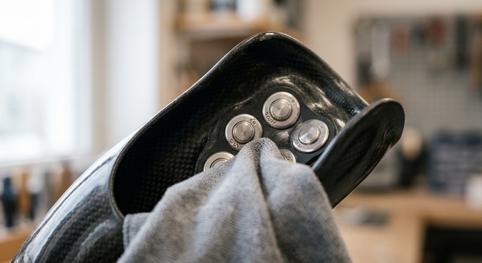 Close-up of a person using a cloth to clean and maintain the electronic contact points inside a carbon fiber bionic prosthetic limb.