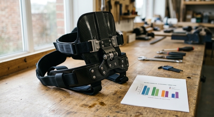 A carbon fiber back-support exoskeleton resting on a workbench next to tools and a printed ROI bar chart.