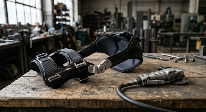 A passive industrial lumbar support exoskeleton laid out on a workshop table next to a power grinder.