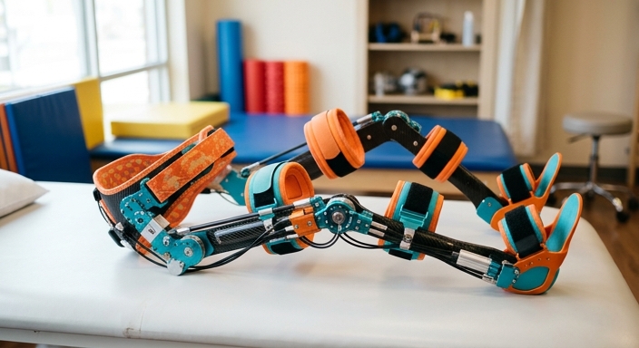 A child-sized powered exoskeleton with colorful orange and blue padding resting on a physical therapy table.
