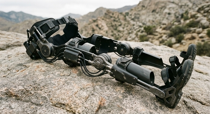 A rugged, matte-black military grade lower-body exoskeleton designed for load augmentation resting on a rocky outdoor surface.
