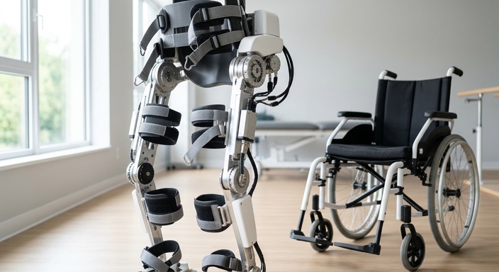 A full-body medical robotic exoskeleton standing in a bright clinic next to a wheelchair.