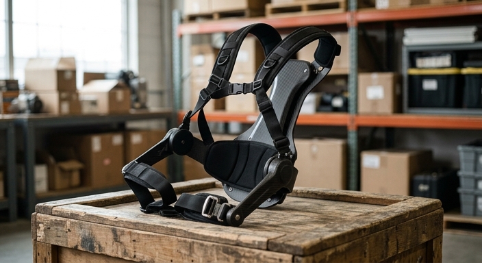 A wearable upper-body exoskeleton designed for lifting assistance sitting on a wooden crate in a warehouse.